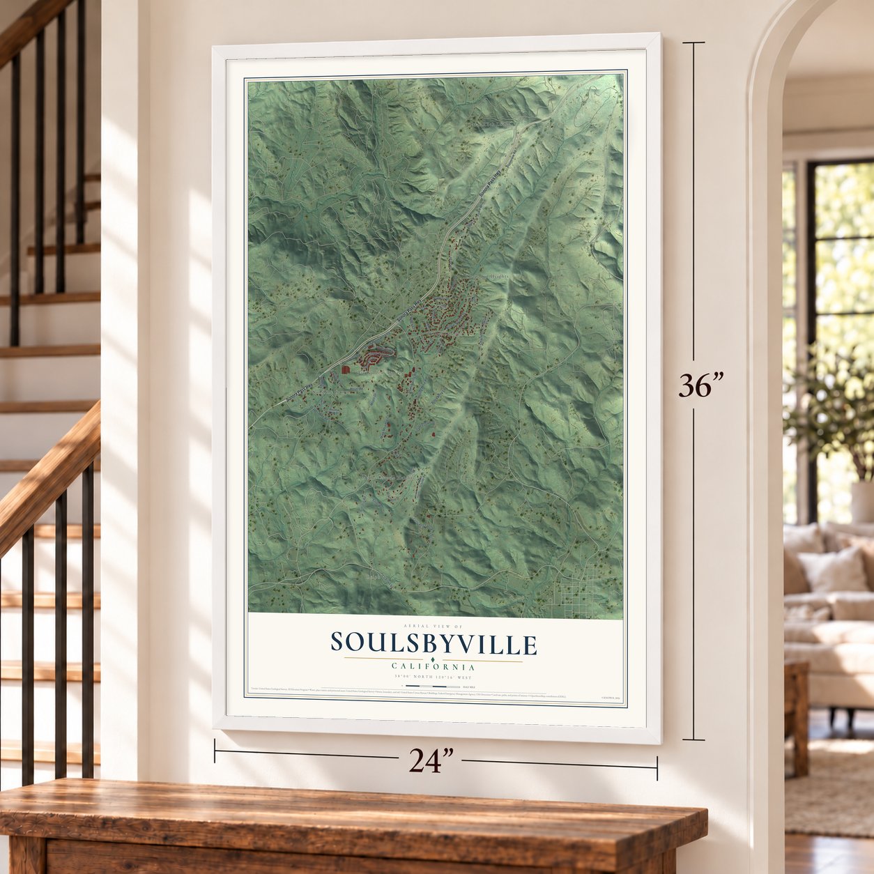 Soulsbyville, California map, 24 x 36 inch print in a white frame by a staircase