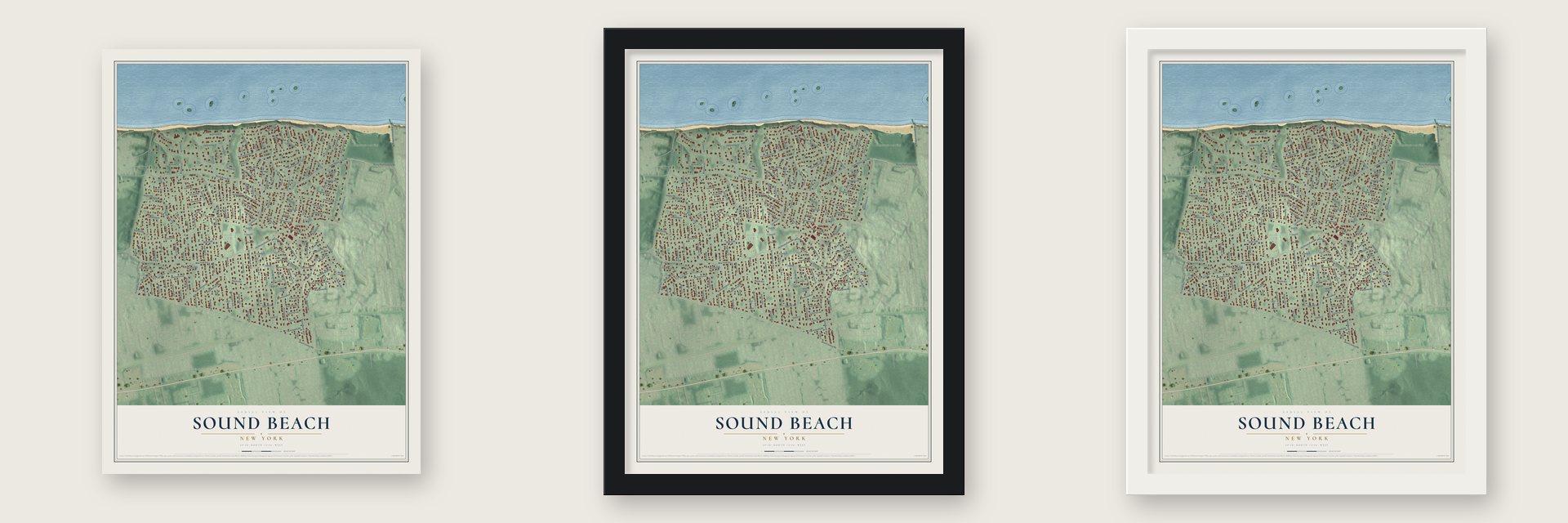 Sound Beach, New York map unframed, in a black wood frame and in a white wood frame