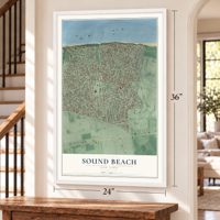 Sound Beach, New York map, 24 x 36 inch print in a white frame by a staircase