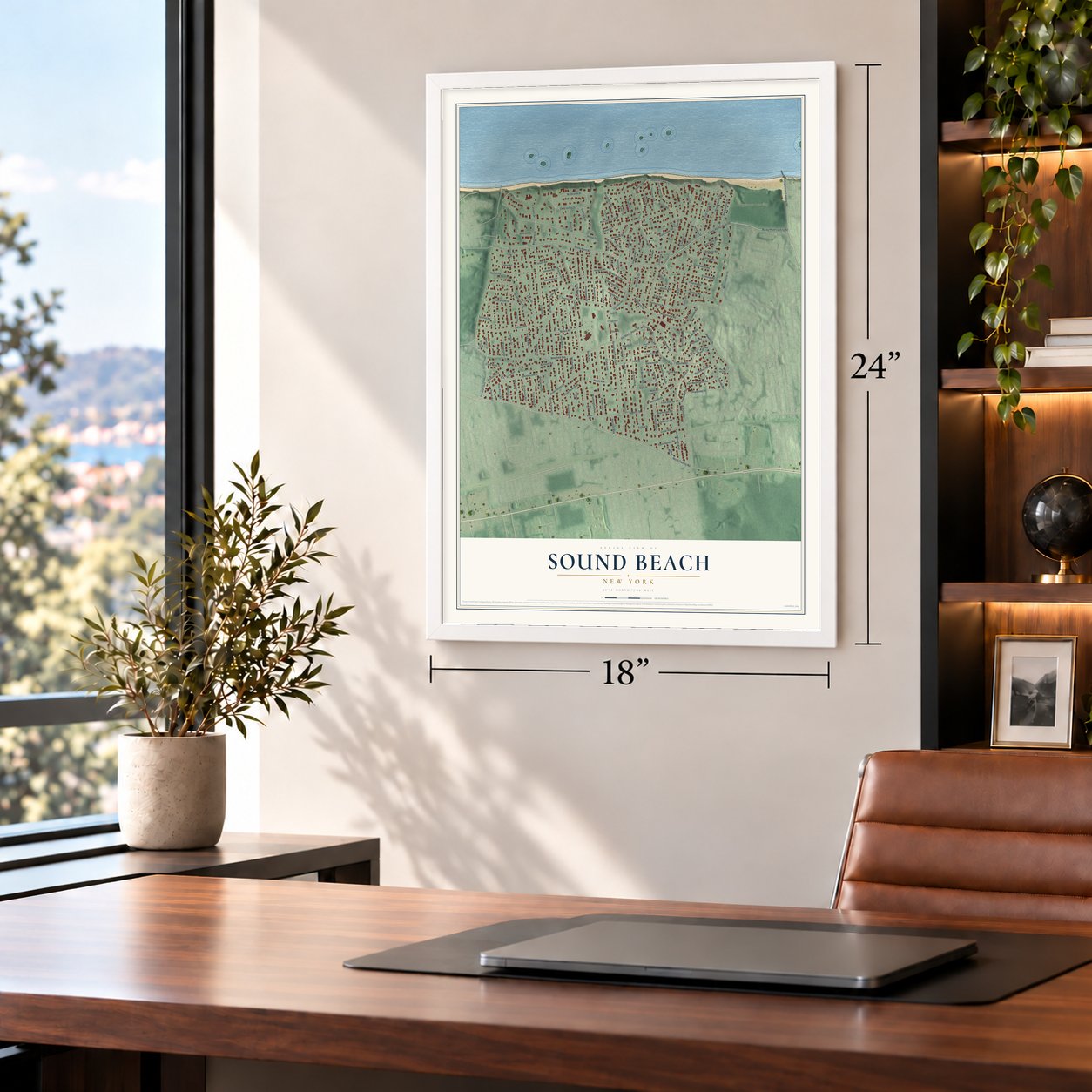 Sound Beach, New York map, 18 x 24 inch print in a white frame in a home office