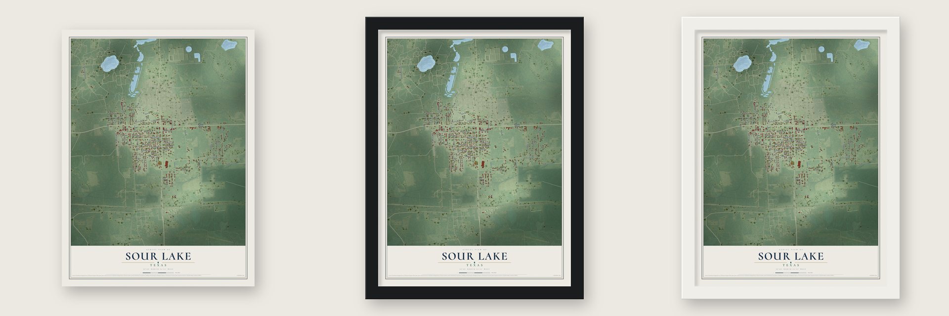 Sour Lake, Texas map unframed, in a black wood frame and in a white wood frame