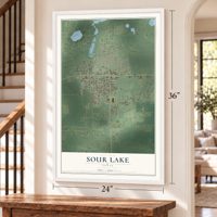 Sour Lake, Texas map, 24 x 36 inch print in a white frame by a staircase