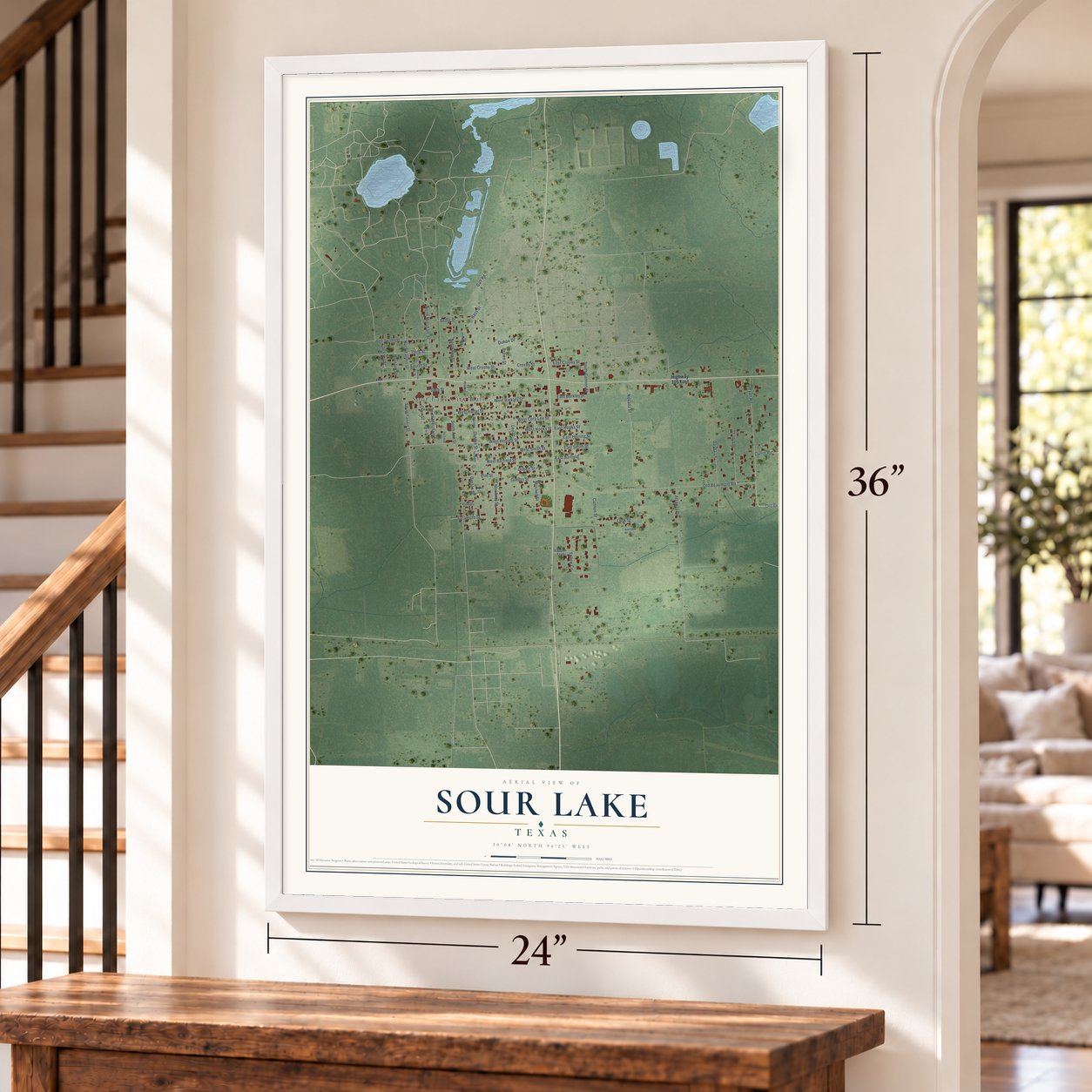 Sour Lake, Texas map, 24 x 36 inch print in a white frame by a staircase