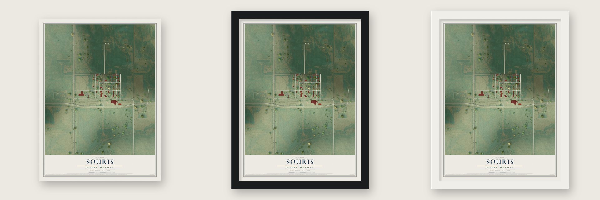 Souris, North Dakota map unframed, in a black wood frame and in a white wood frame
