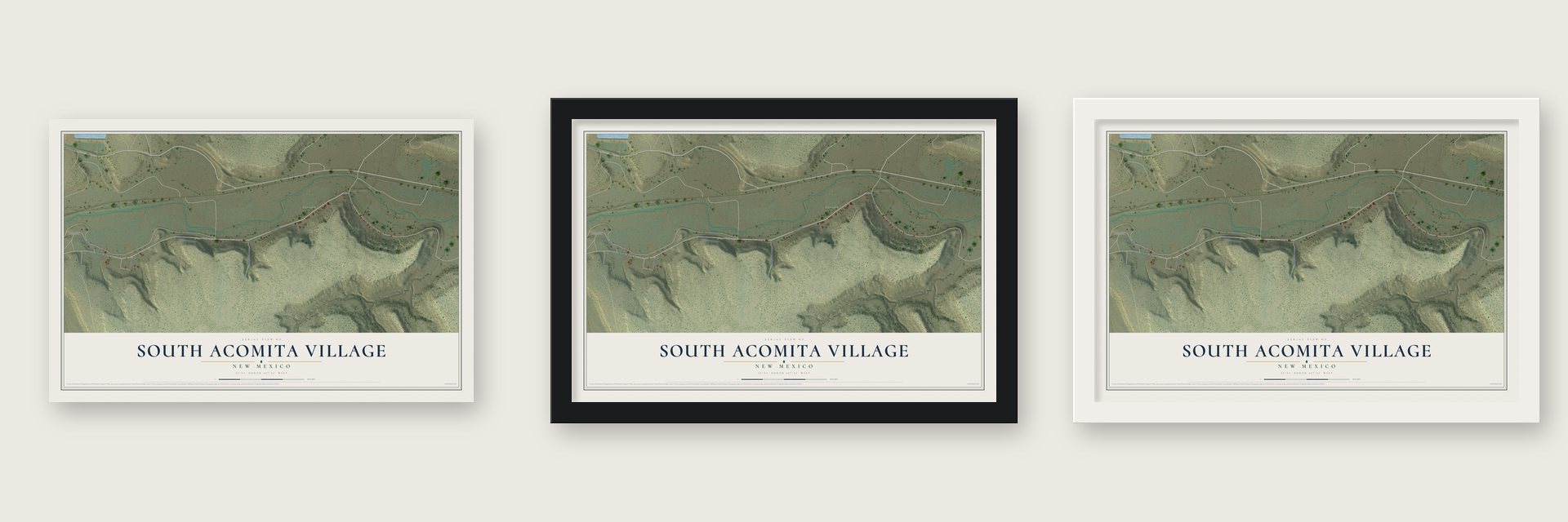 South Acomita Village, New Mexico map unframed, in a black wood frame and in a white wood frame