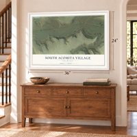 South Acomita Village, New Mexico map, 24 x 36 inch print in a white frame above a dresser by a staircase