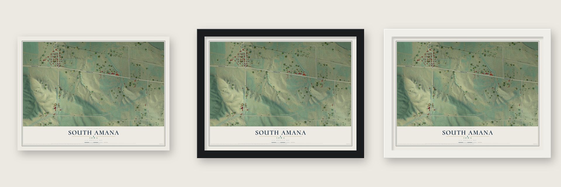 South Amana, Iowa map unframed, in a black wood frame and in a white wood frame
