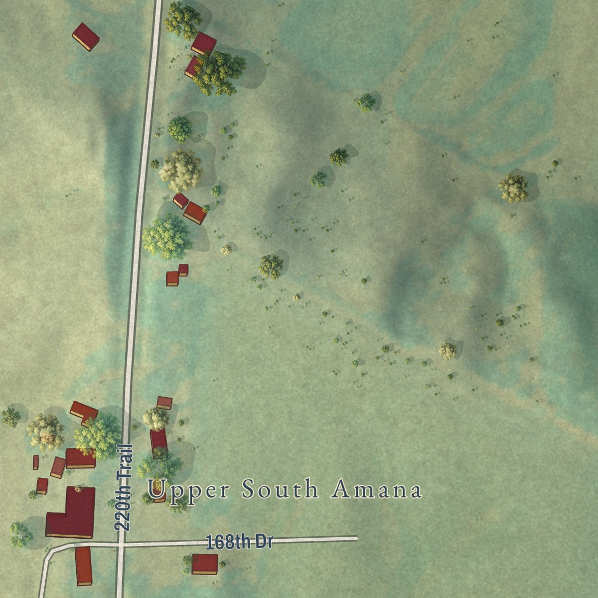 Second close-up of the map of South Amana, Iowa print showing more streets and buildings