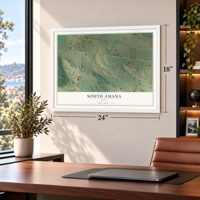 South Amana, Iowa map, 18 x 24 inch print in a white frame in a home office