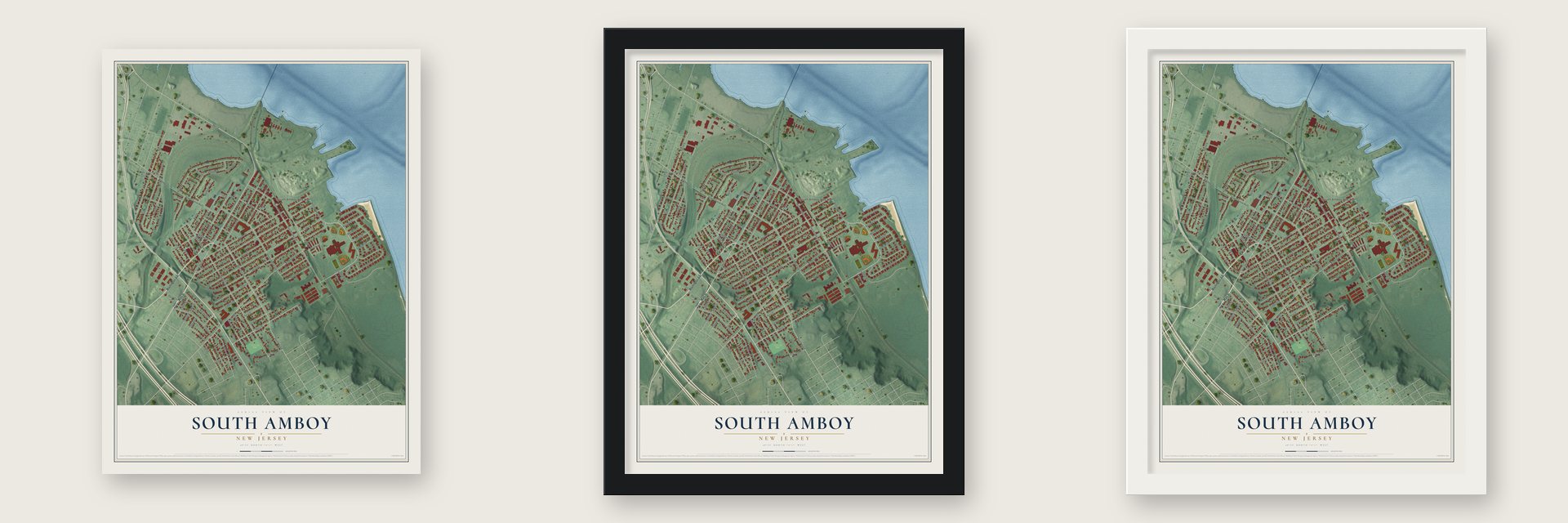 South Amboy, New Jersey map unframed, in a black wood frame and in a white wood frame