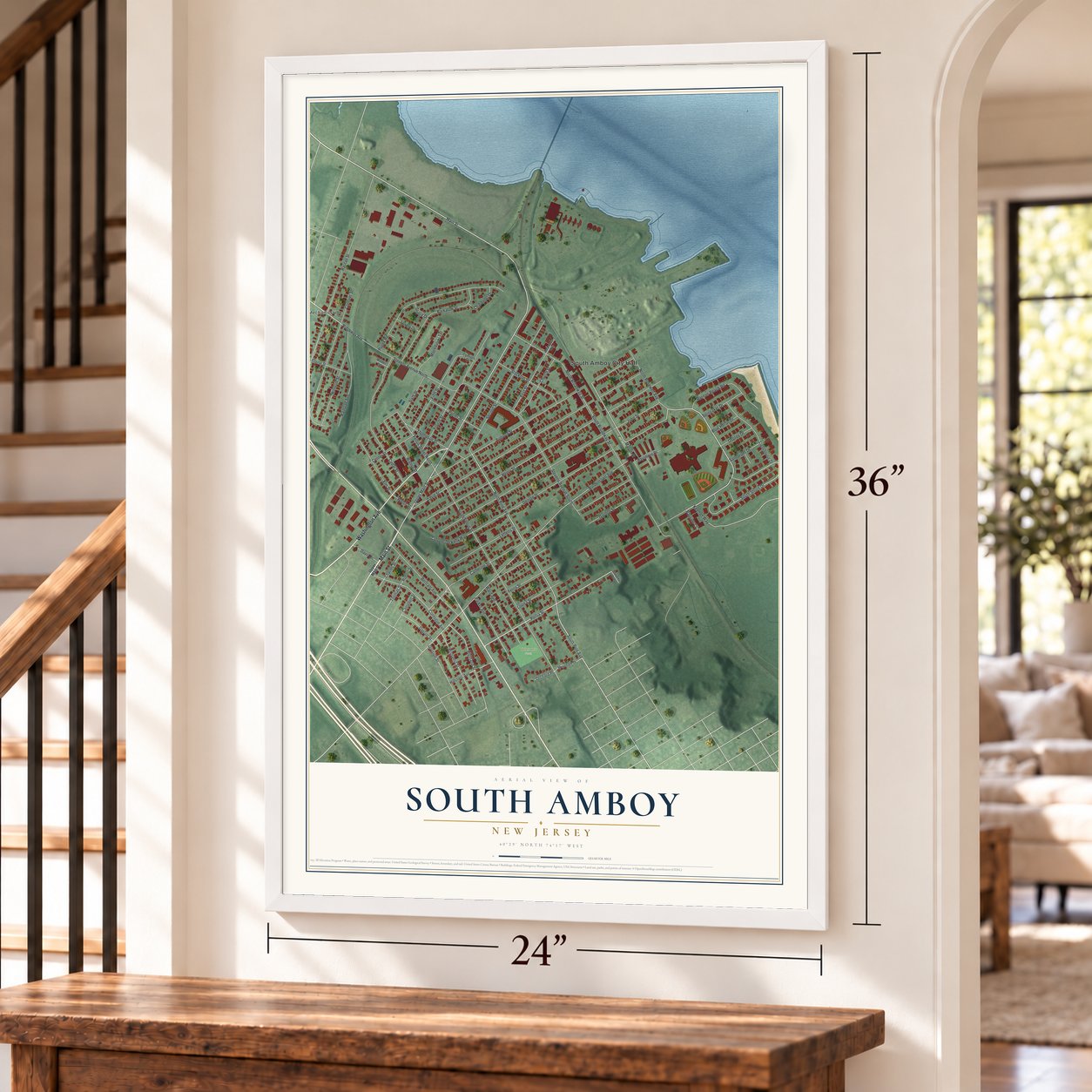 South Amboy, New Jersey map, 24 x 36 inch print in a white frame by a staircase