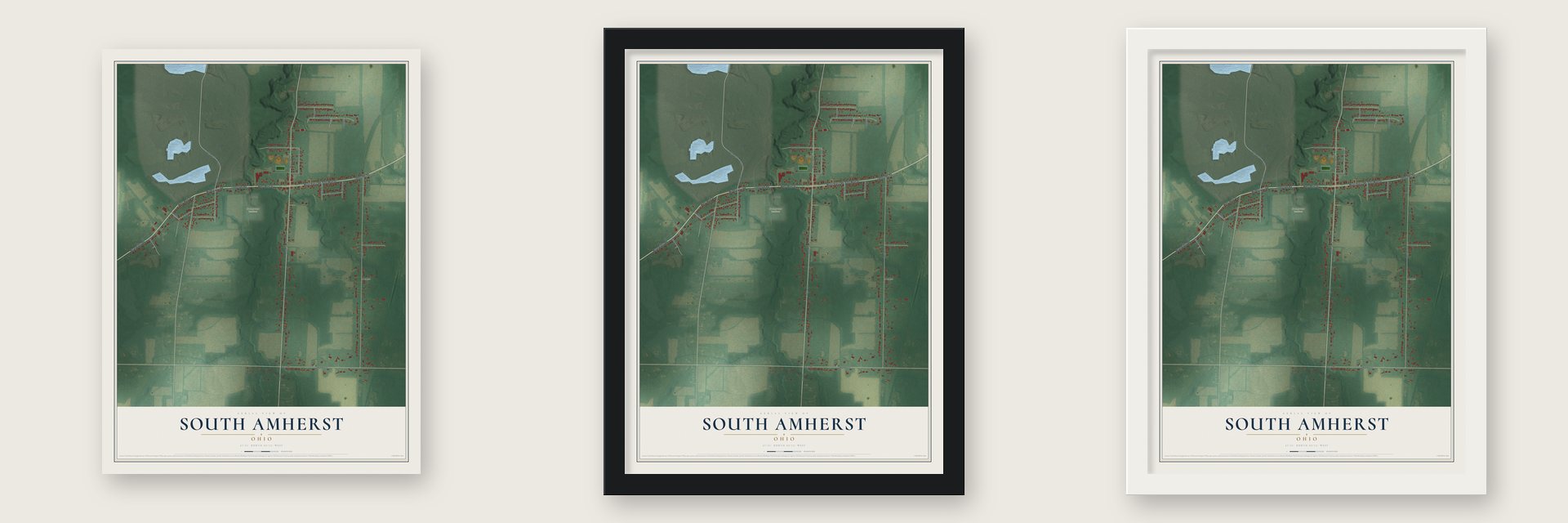 South Amherst, Ohio map unframed, in a black wood frame and in a white wood frame