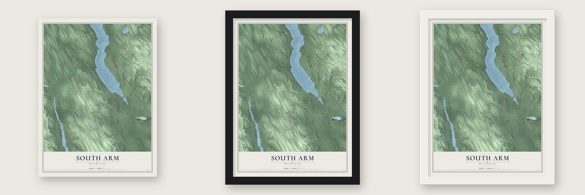 South Arm, Michigan map unframed, in a black wood frame and in a white wood frame