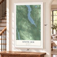 South Arm, Michigan map, 24 x 36 inch print in a white frame by a staircase