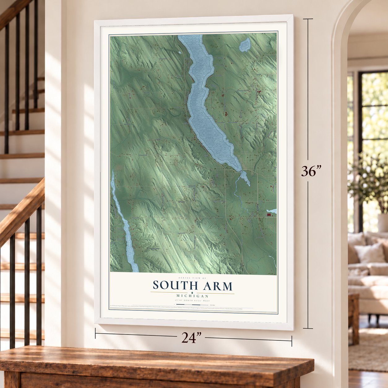 South Arm, Michigan map, 24 x 36 inch print in a white frame by a staircase