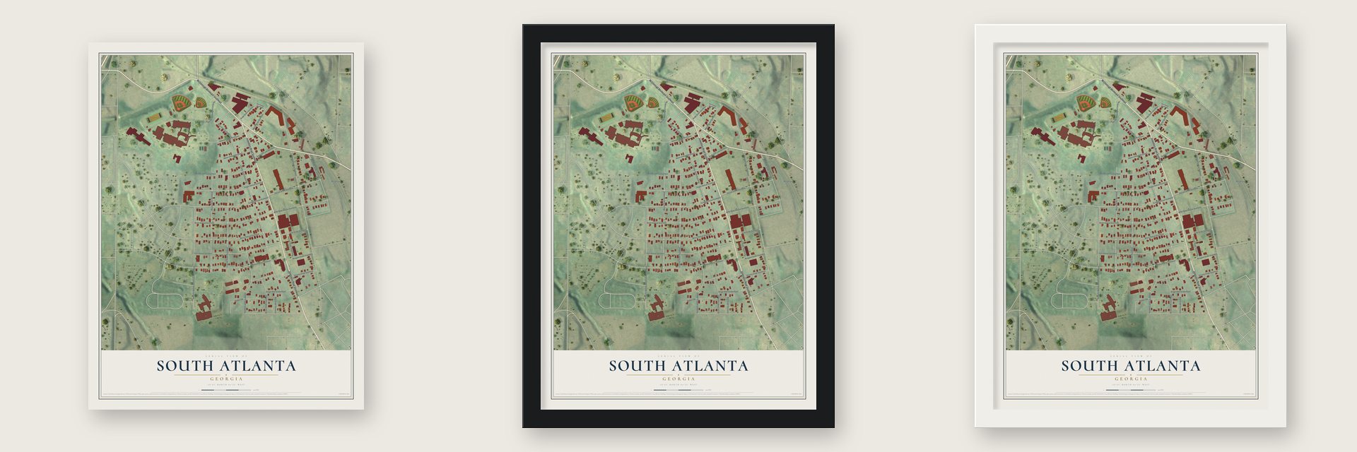 South Atlanta, Georgia map unframed, in a black wood frame and in a white wood frame