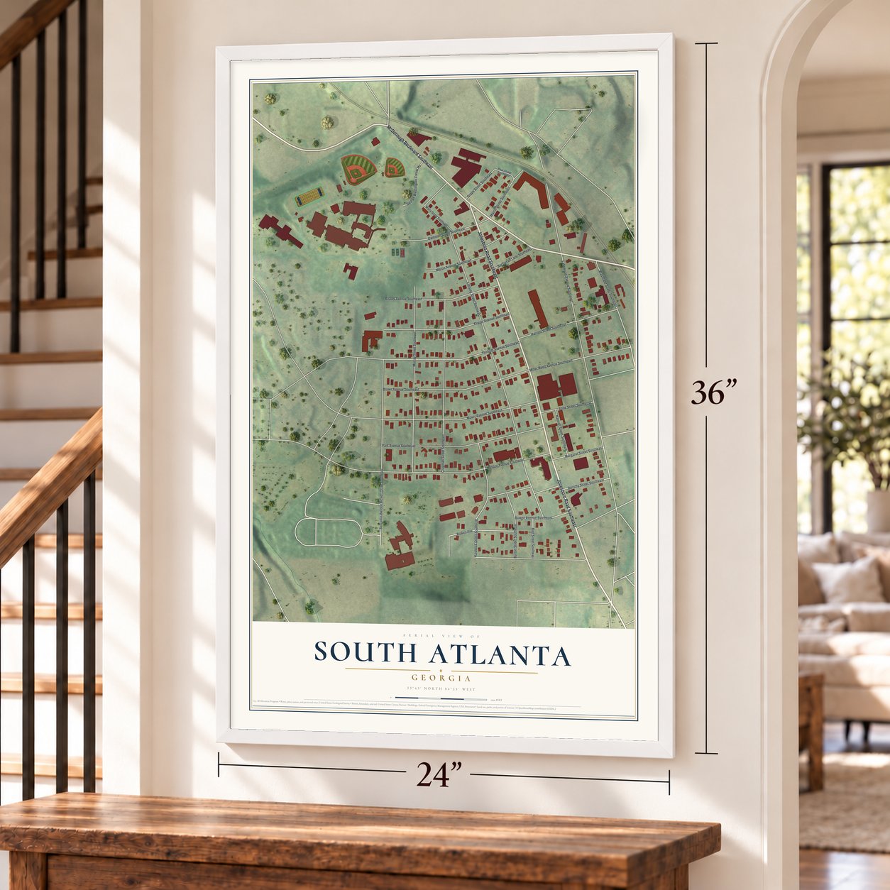 South Atlanta, Georgia map, 24 x 36 inch print in a white frame by a staircase