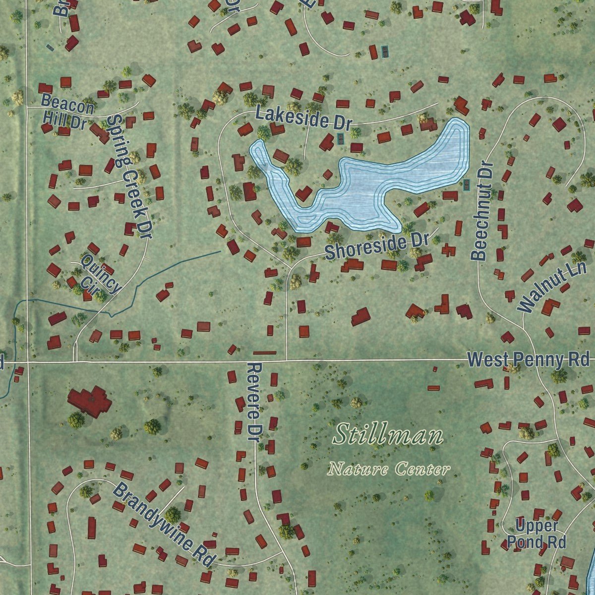 Second close-up of the map of South Barrington, Illinois print showing more streets and buildings