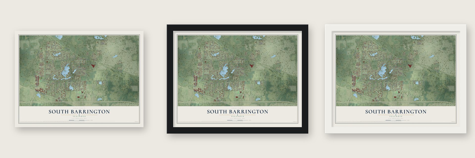 South Barrington, Illinois map unframed, in a black wood frame and in a white wood frame