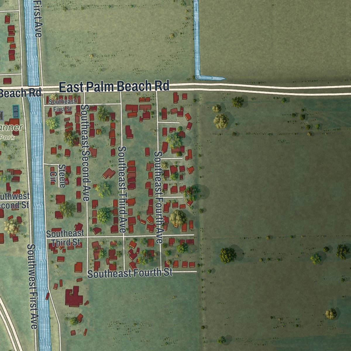 Second close-up of the map of South Bay, Florida print showing more streets and buildings