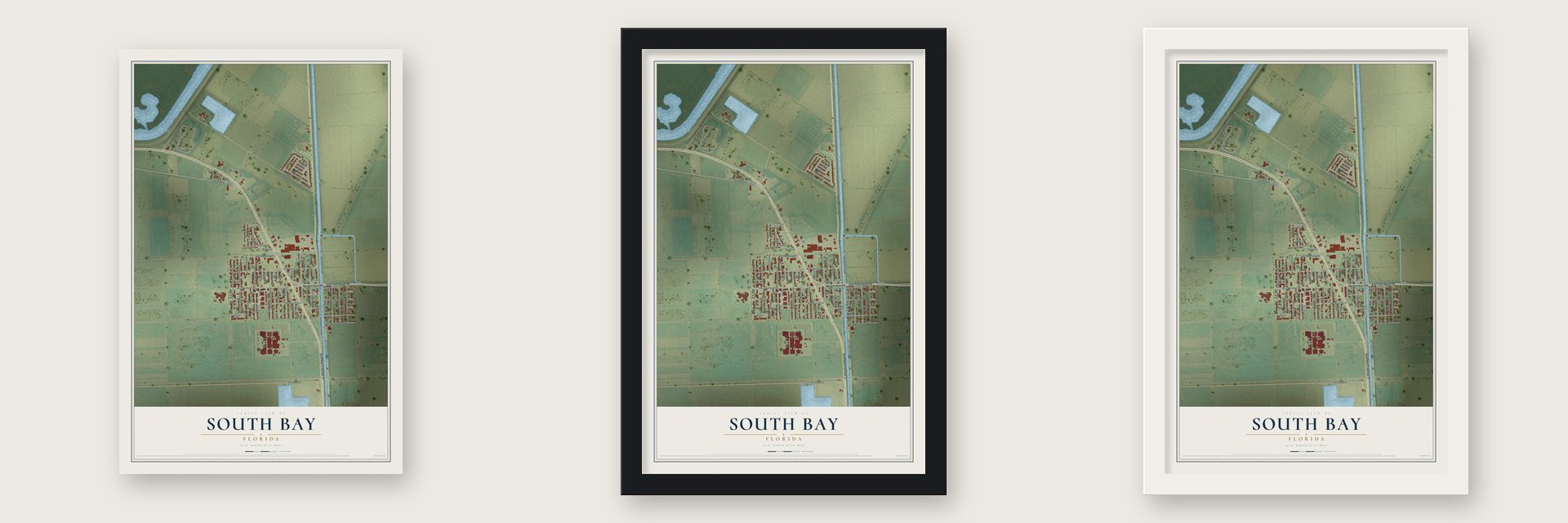 South Bay, Florida map unframed, in a black wood frame and in a white wood frame