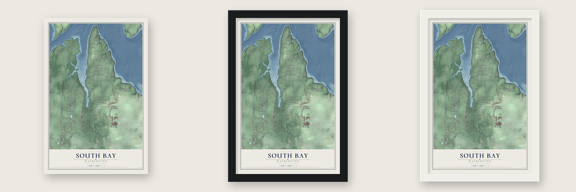 South Bay, Washington map unframed, in a black wood frame and in a white wood frame