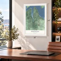 South Bay, Washington map, 18 x 24 inch print in a white frame in a home office