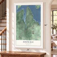 South Bay, Washington map, 24 x 36 inch print in a white frame by a staircase