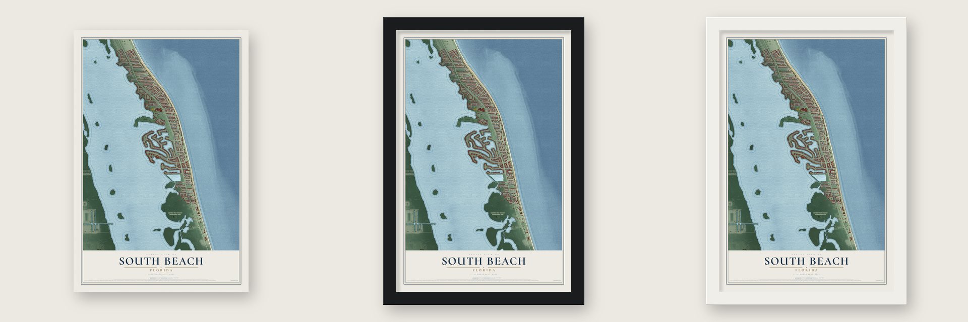 South Beach, Florida map unframed, in a black wood frame and in a white wood frame