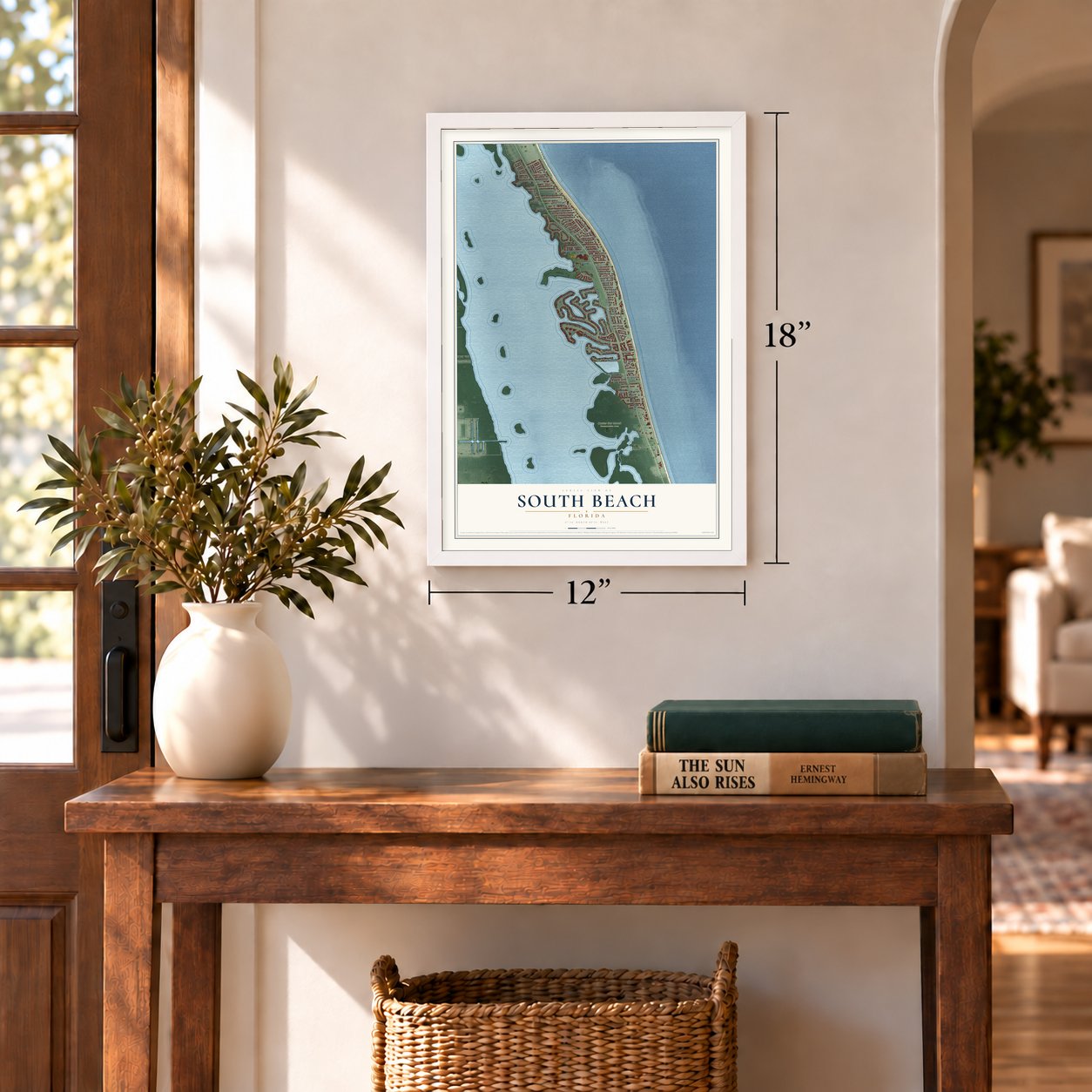 South Beach, Florida map, 12 x 18 inch print in a white frame in an entryway