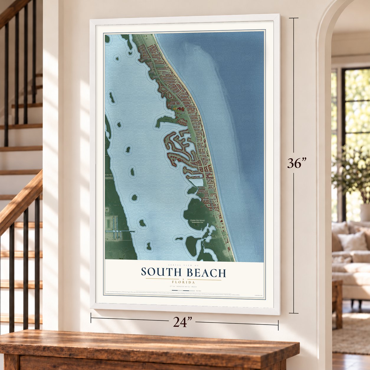 South Beach, Florida map, 24 x 36 inch print in a white frame by a staircase
