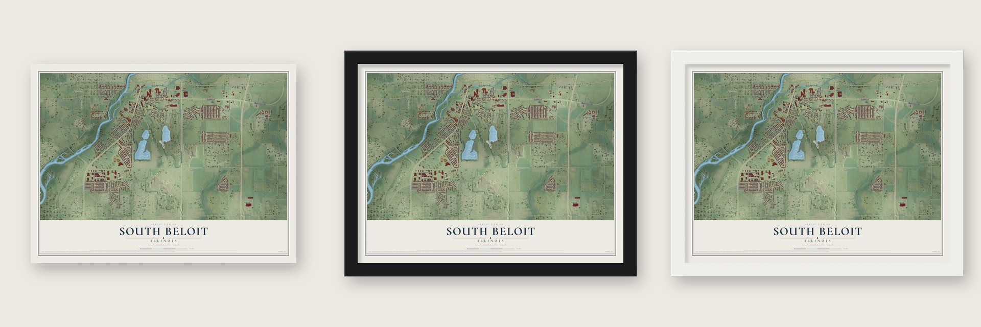 South Beloit, Illinois map unframed, in a black wood frame and in a white wood frame
