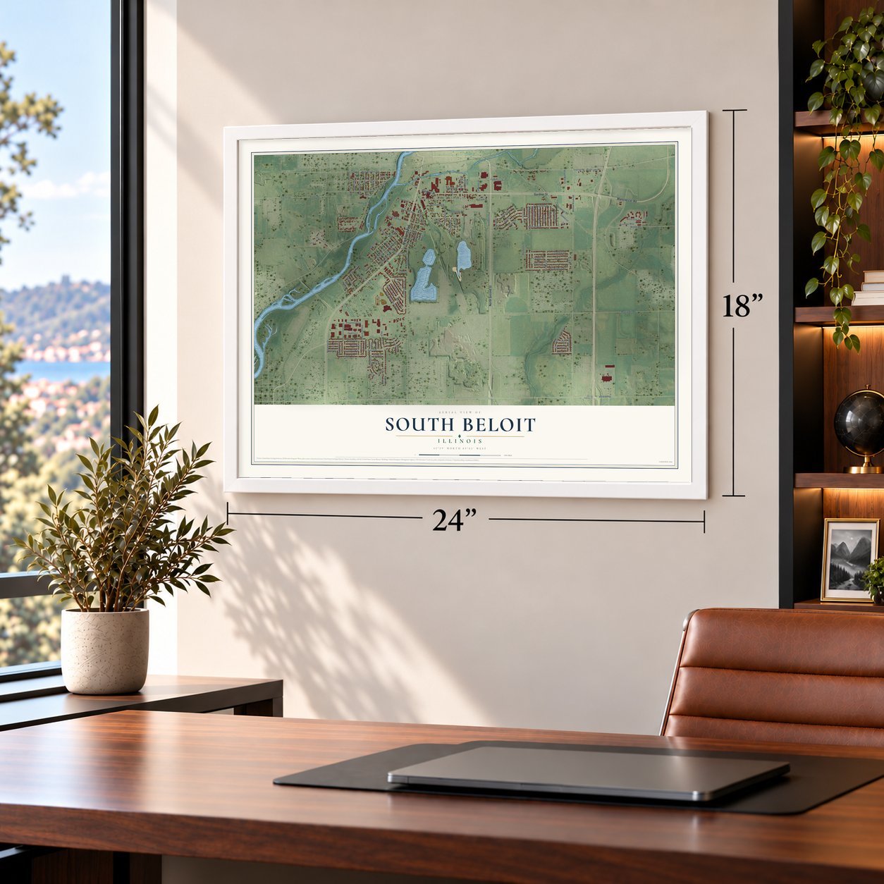 South Beloit, Illinois map, 18 x 24 inch print in a white frame in a home office