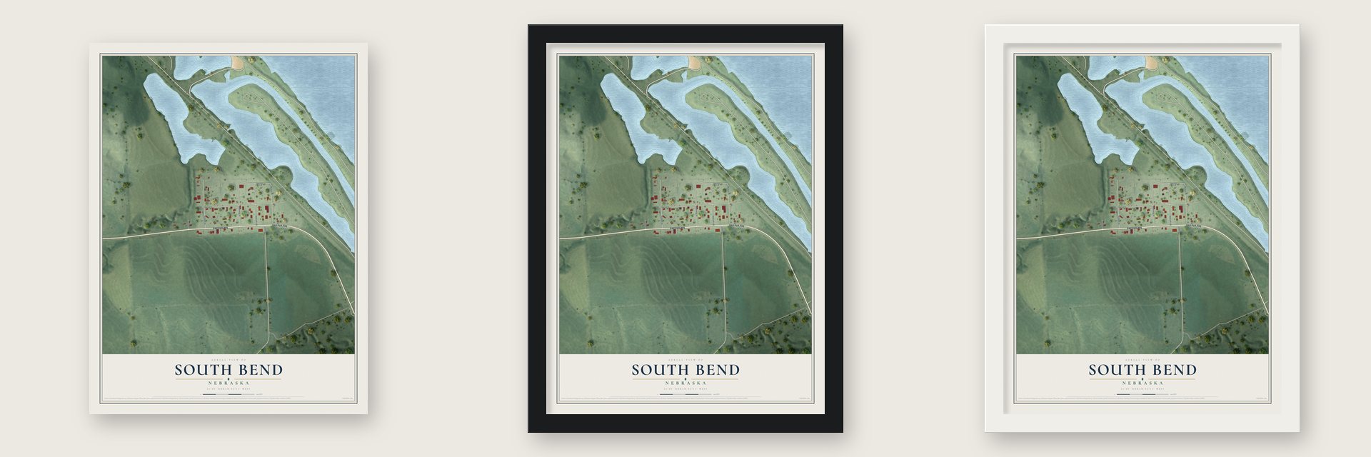 South Bend, Nebraska map unframed, in a black wood frame and in a white wood frame