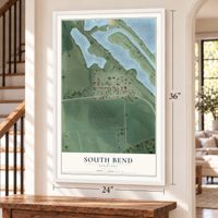 South Bend, Nebraska map, 24 x 36 inch print in a white frame by a staircase