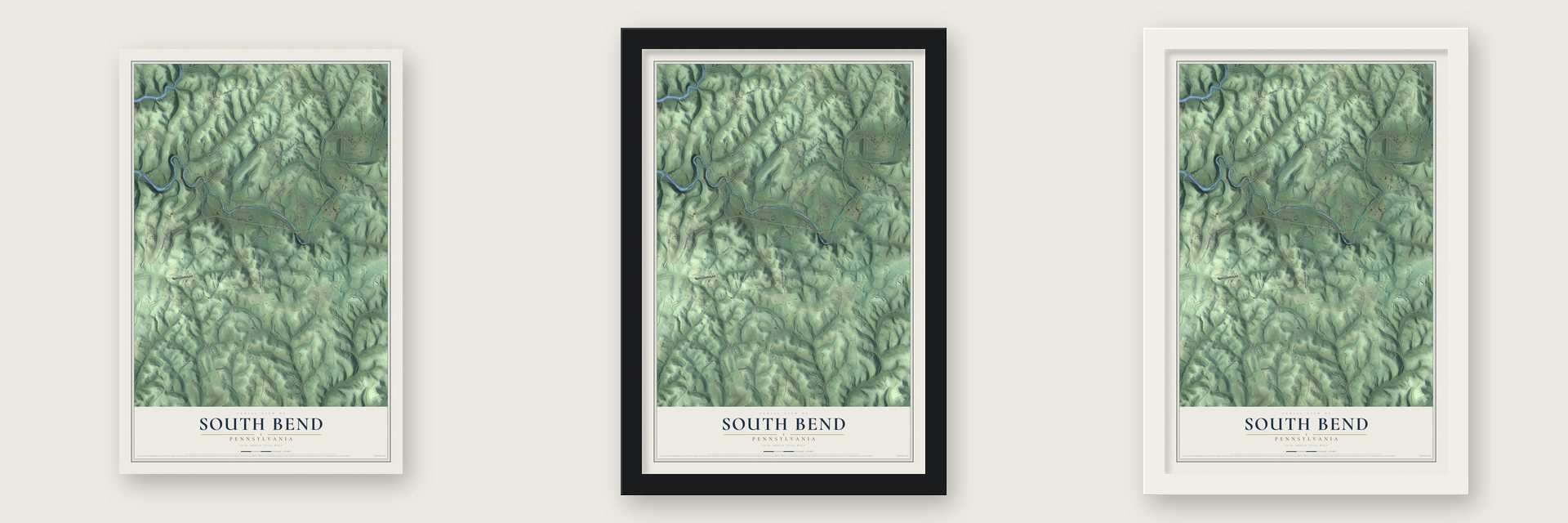 South Bend, Pennsylvania map unframed, in a black wood frame and in a white wood frame