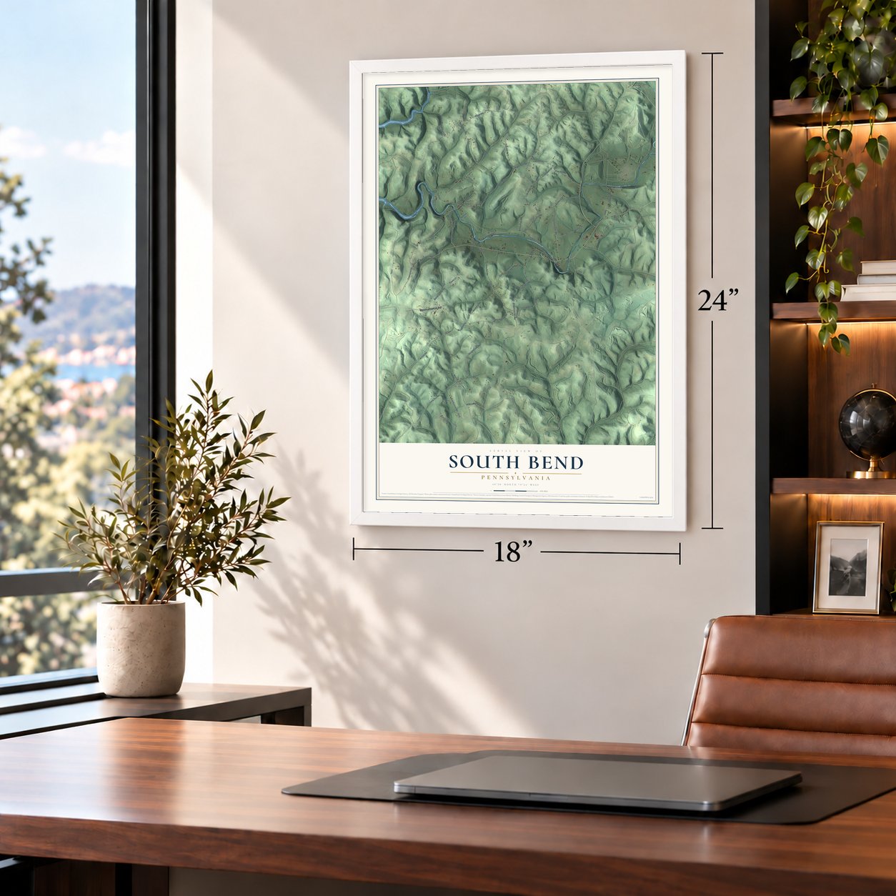 South Bend, Pennsylvania map, 18 x 24 inch print in a white frame in a home office
