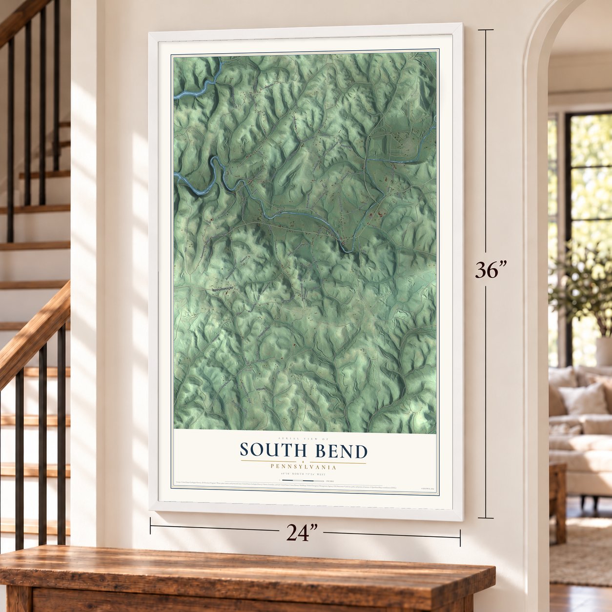 South Bend, Pennsylvania map, 24 x 36 inch print in a white frame by a staircase