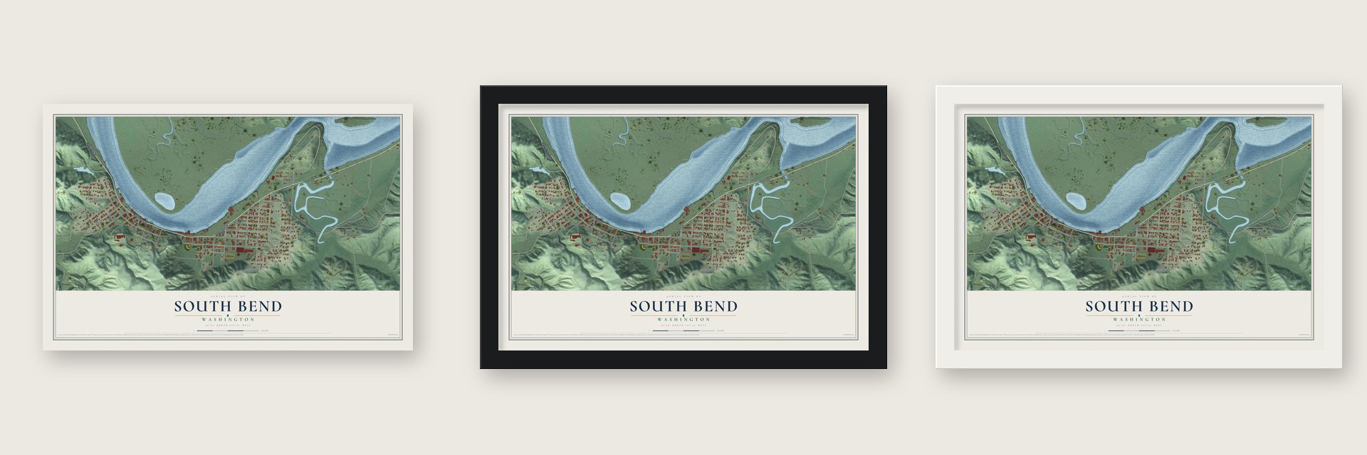 South Bend, Washington map unframed, in a black wood frame and in a white wood frame