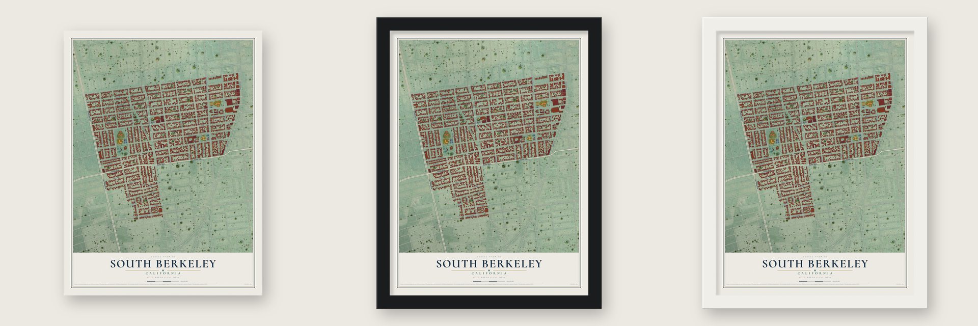 South Berkeley, California map unframed, in a black wood frame and in a white wood frame
