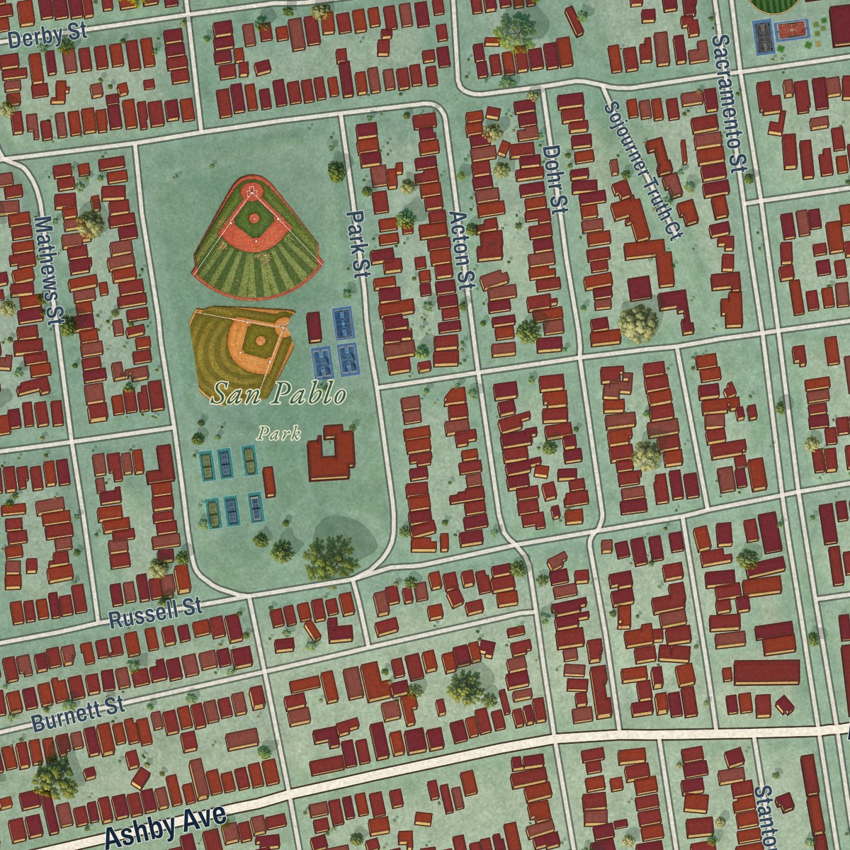 Second close-up of the map of South Berkeley, California print showing more streets and buildings