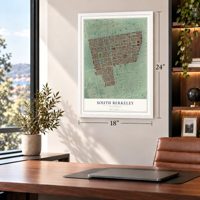 South Berkeley, California map, 18 x 24 inch print in a white frame in a home office