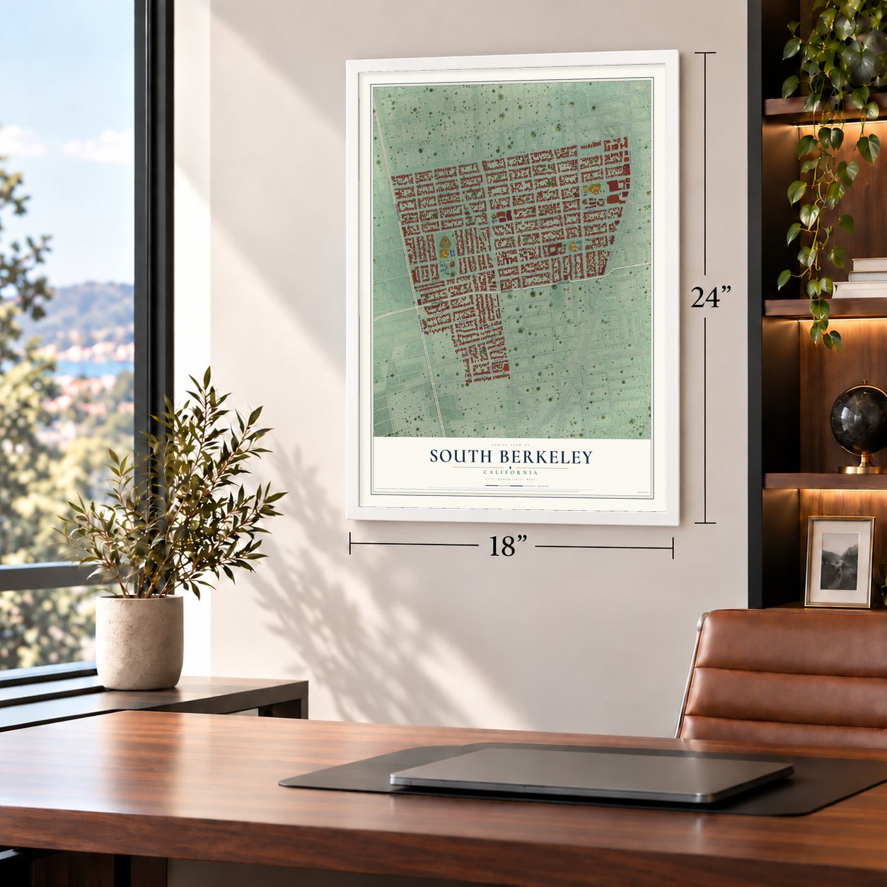 South Berkeley, California map, 18 x 24 inch print in a white frame in a home office