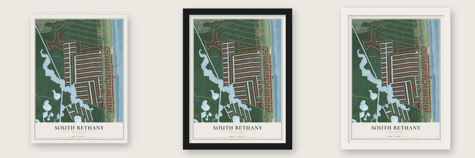 South Bethany, Delaware map unframed, in a black wood frame and in a white wood frame