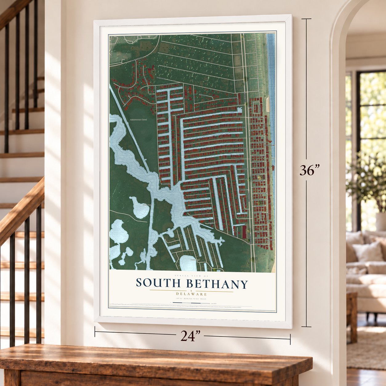 South Bethany, Delaware map, 24 x 36 inch print in a white frame by a staircase