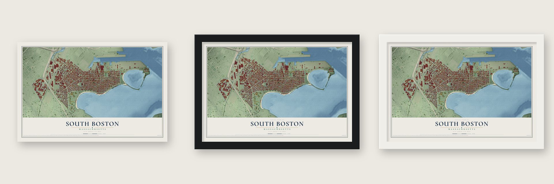 South Boston, Massachusetts map unframed, in a black wood frame and in a white wood frame