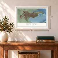 South Boston, Massachusetts map, 12 x 18 inch print in a white frame in an entryway