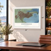South Boston, Massachusetts map, 18 x 24 inch print in a white frame in a home office