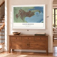 South Boston, Massachusetts map, 24 x 36 inch print in a white frame above a dresser by a staircase