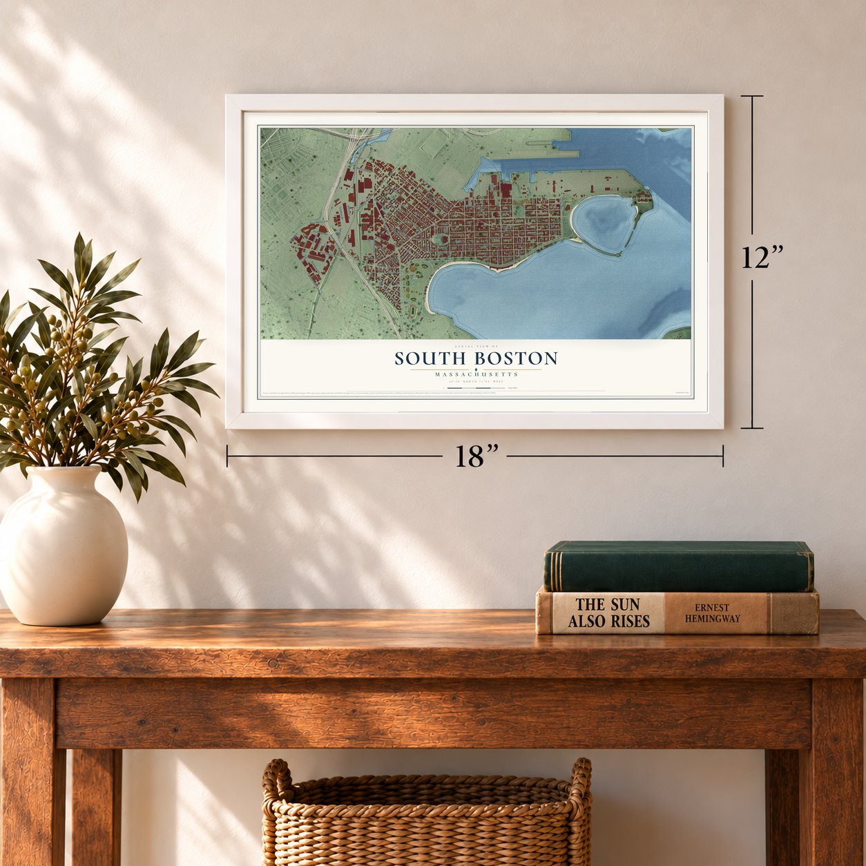 South Boston, Massachusetts map, 12 x 18 inch print in a white frame in an entryway